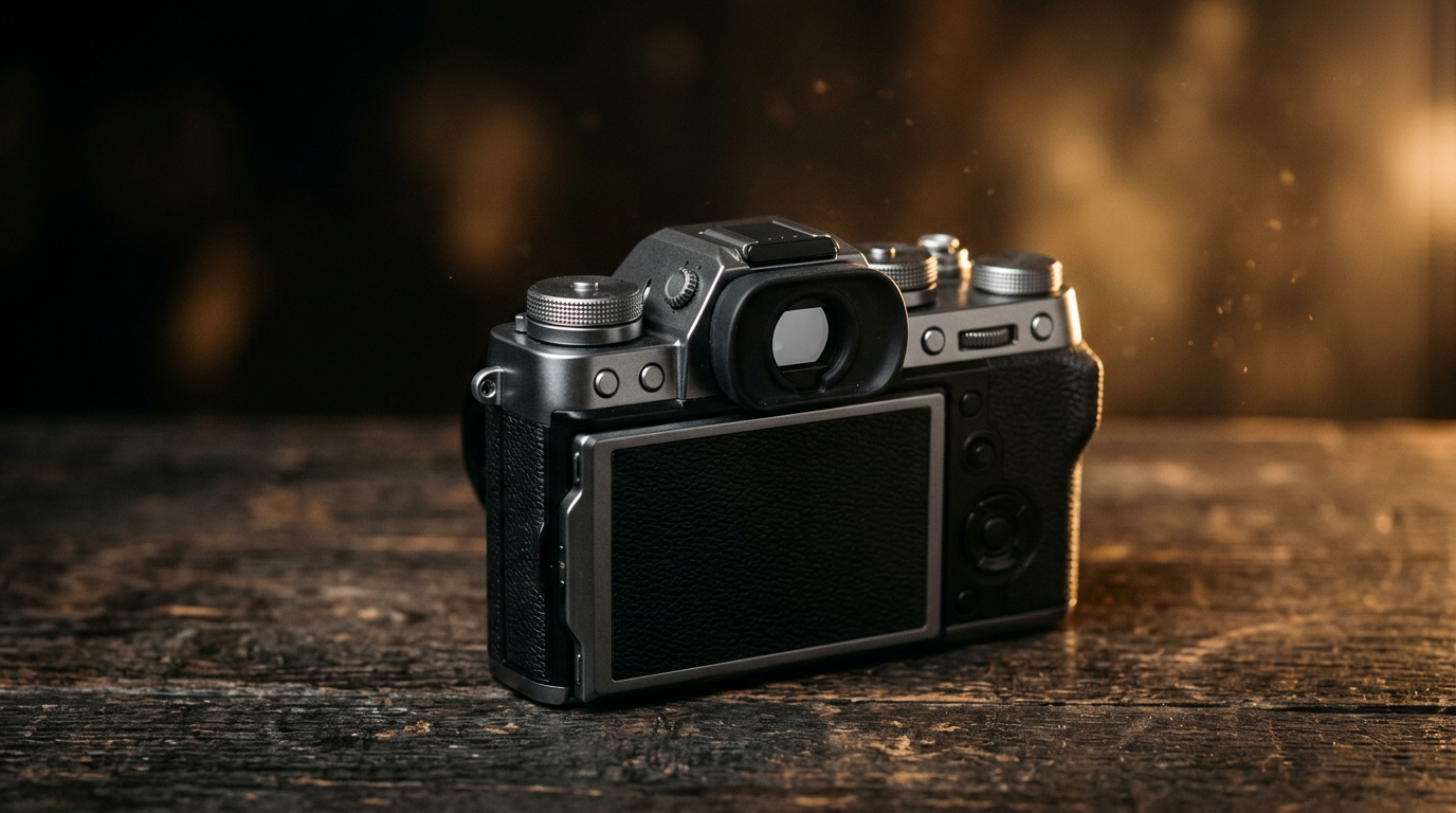 Two Sony E-mount full-frame bodies — the A7R VI and the A1 II — sitting side by side on a dark wooden desk, EVFs glowing softly, prime lenses mounted, warm rim light from the right