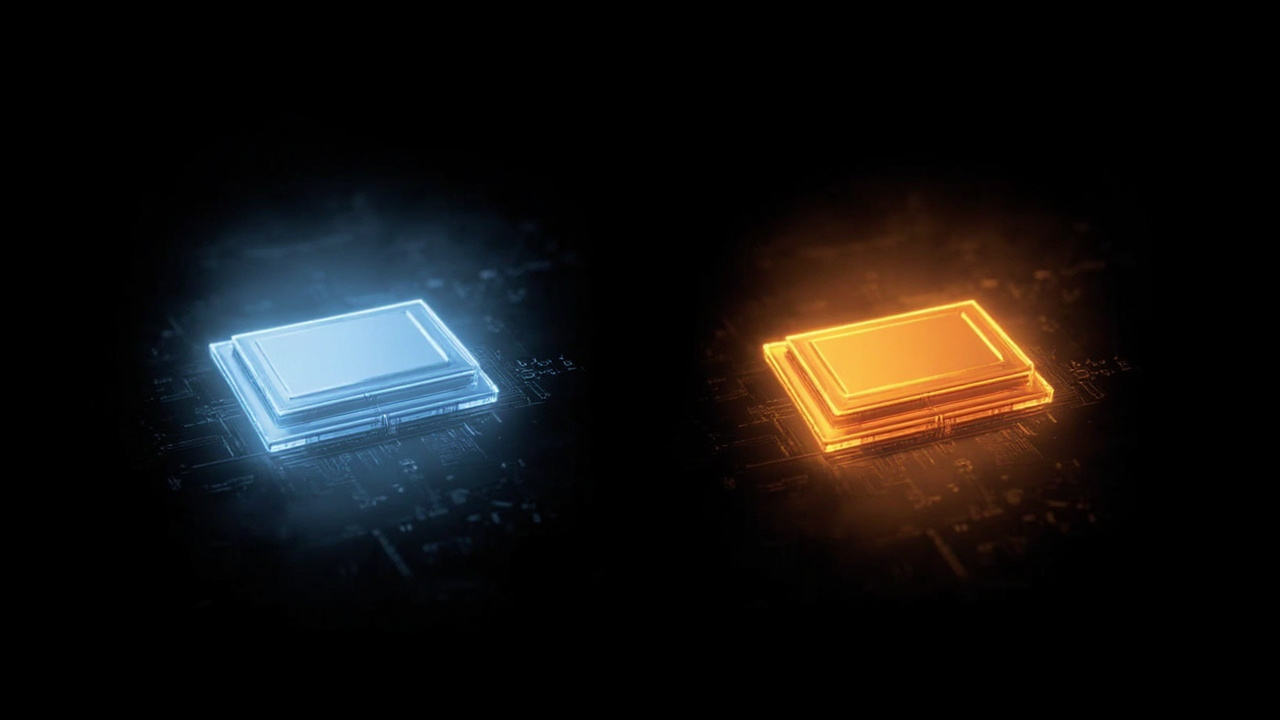 Two abstract visualizations of camera sensors — a 66.8MP stacked sensor glowing soft blue on the left and a 50.1MP stacked sensor glowing warm amber on the right, side by side on a black background, subtle circuit board patterns, no text or numbers, futuristic product-photography aesthetic