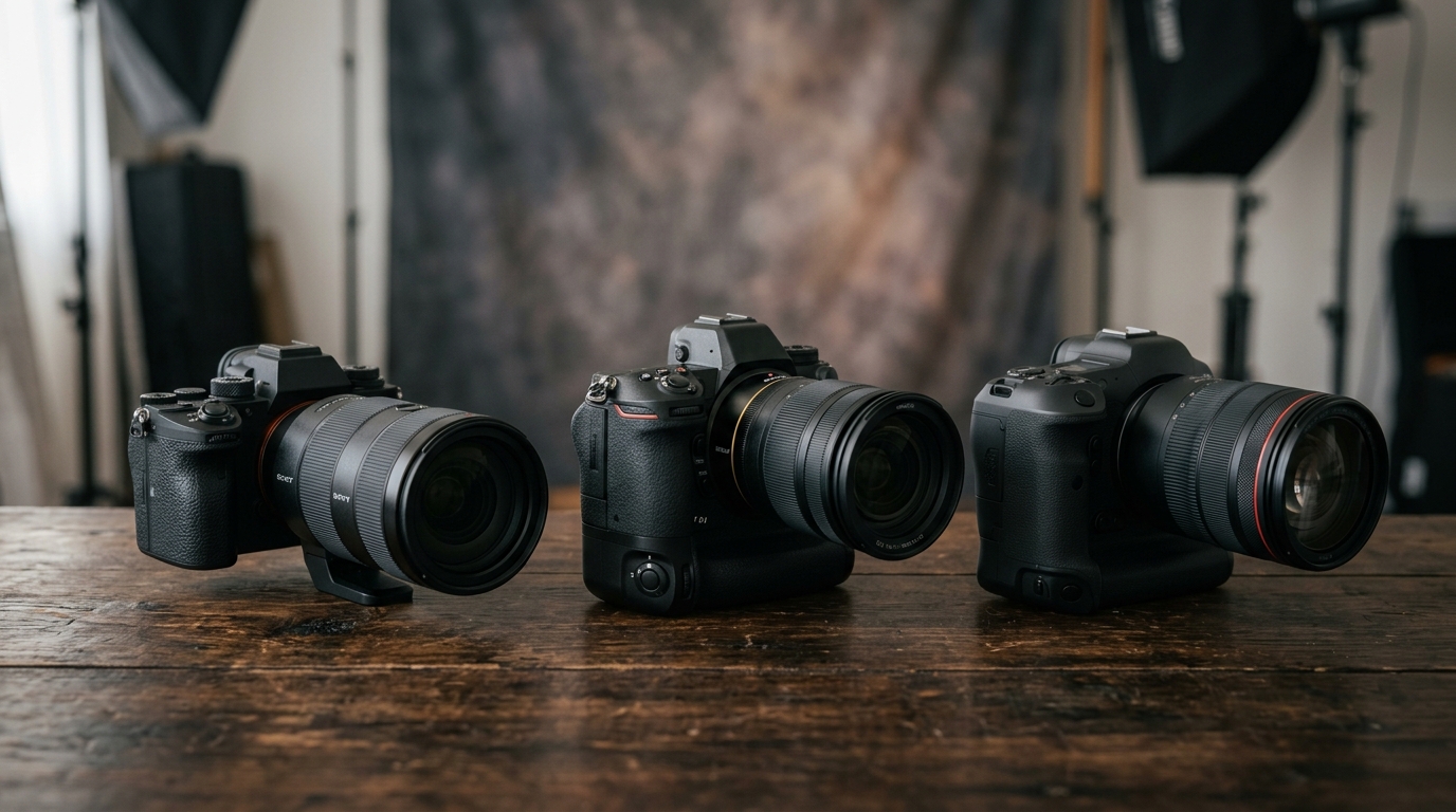 Three flagship full-frame mirrorless bodies — Sony A7R V, Nikon Z8 and Canon R5 Mark II — lined up on a wooden table with lenses mounted