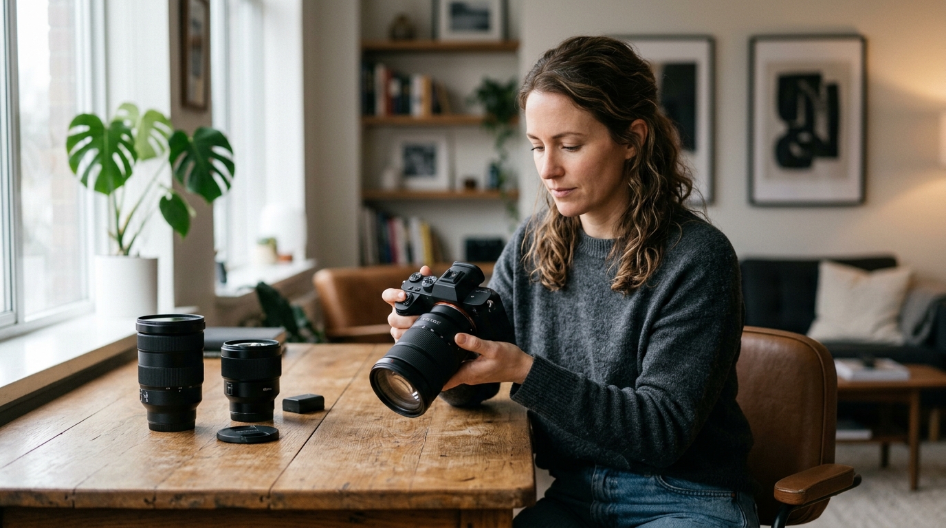 A photographer holding a flagship mirrorless camera, with a 24-70mm zoom and 85mm prime visible on a wooden desk beside them