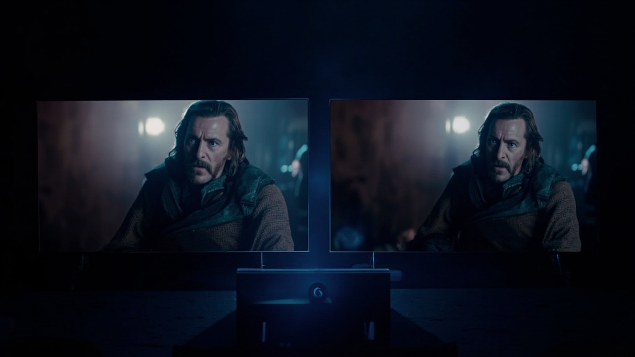 Two premium Mini LED TVs side by side on a modern living room wall, one with a slimmer Sony-style bezel, one with a slightly thicker Hisense chassis, neutral daylight room ambiance, no text, no logos emphasized