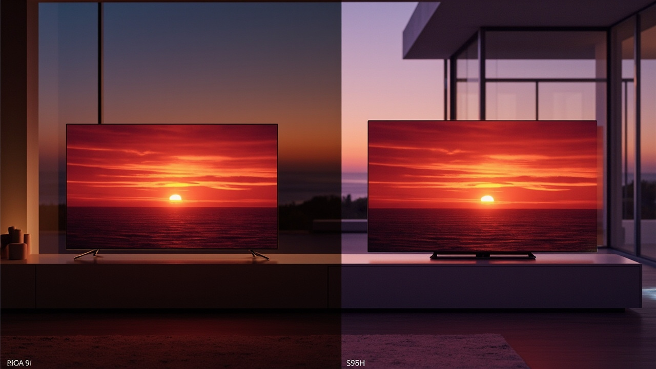 Two 2026 flagship TVs side by side in a softly lit modern living room — one with a thin metal FloatLayer frame on a slim stand on the left showing a vivid HDR sunset, and one True RGB Mini LED panel on a transparent Mirage stand on the right showing the same HDR sunset scene with deeper color saturation