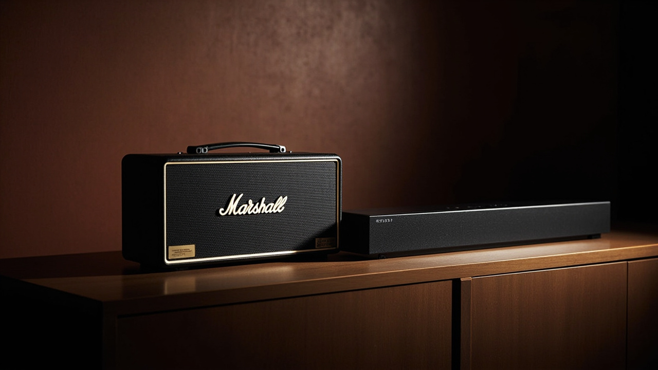 Two flagship Dolby Atmos soundbars side by side on a media console