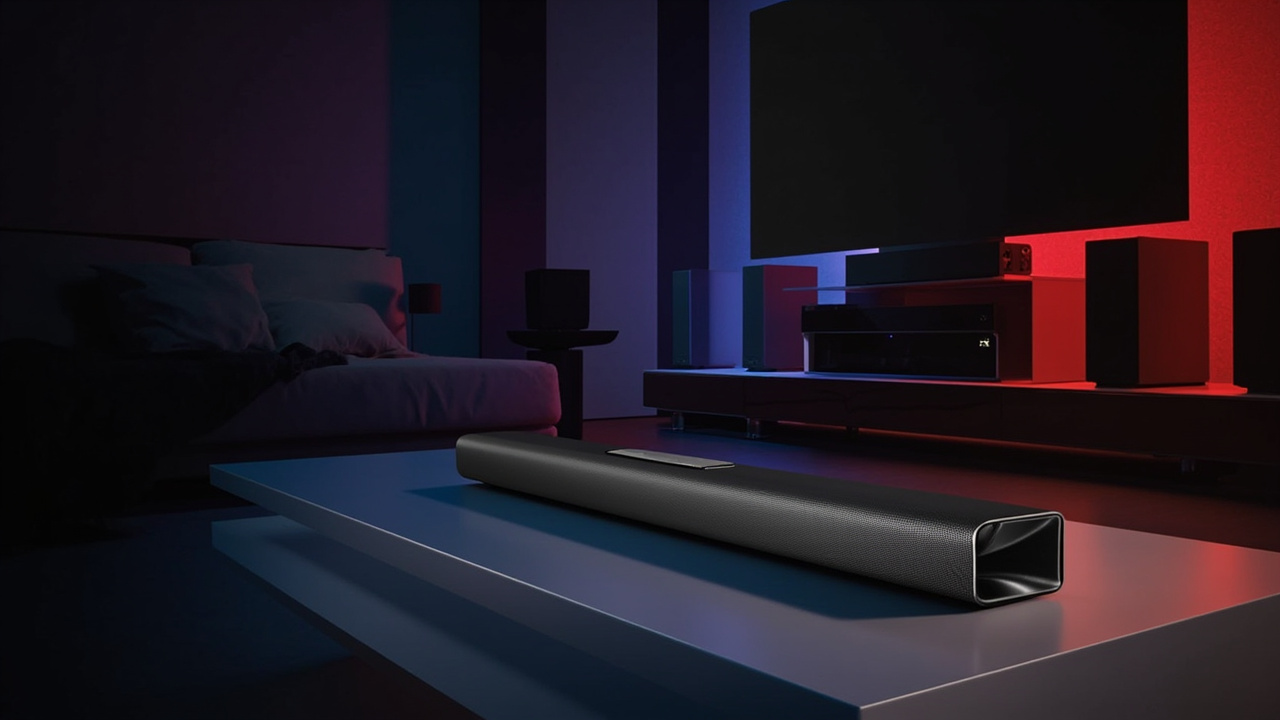 Verdict visual: left bar shows the wide Sony Bravia Theatre Bar 9 HT-A9000 with seven front drivers, right bar shows the smaller Bose Smart Ultra Soundbar with five front drivers, both on a media console in a darkened living room with light reflecting off the top grilles