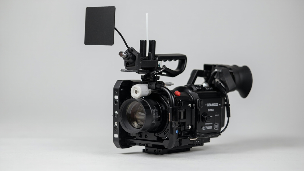 Sony FX3 (left) and Canon EOS R5 C (right) on a production cart with matte boxes and XLR handles attached, side-by-side studio shot