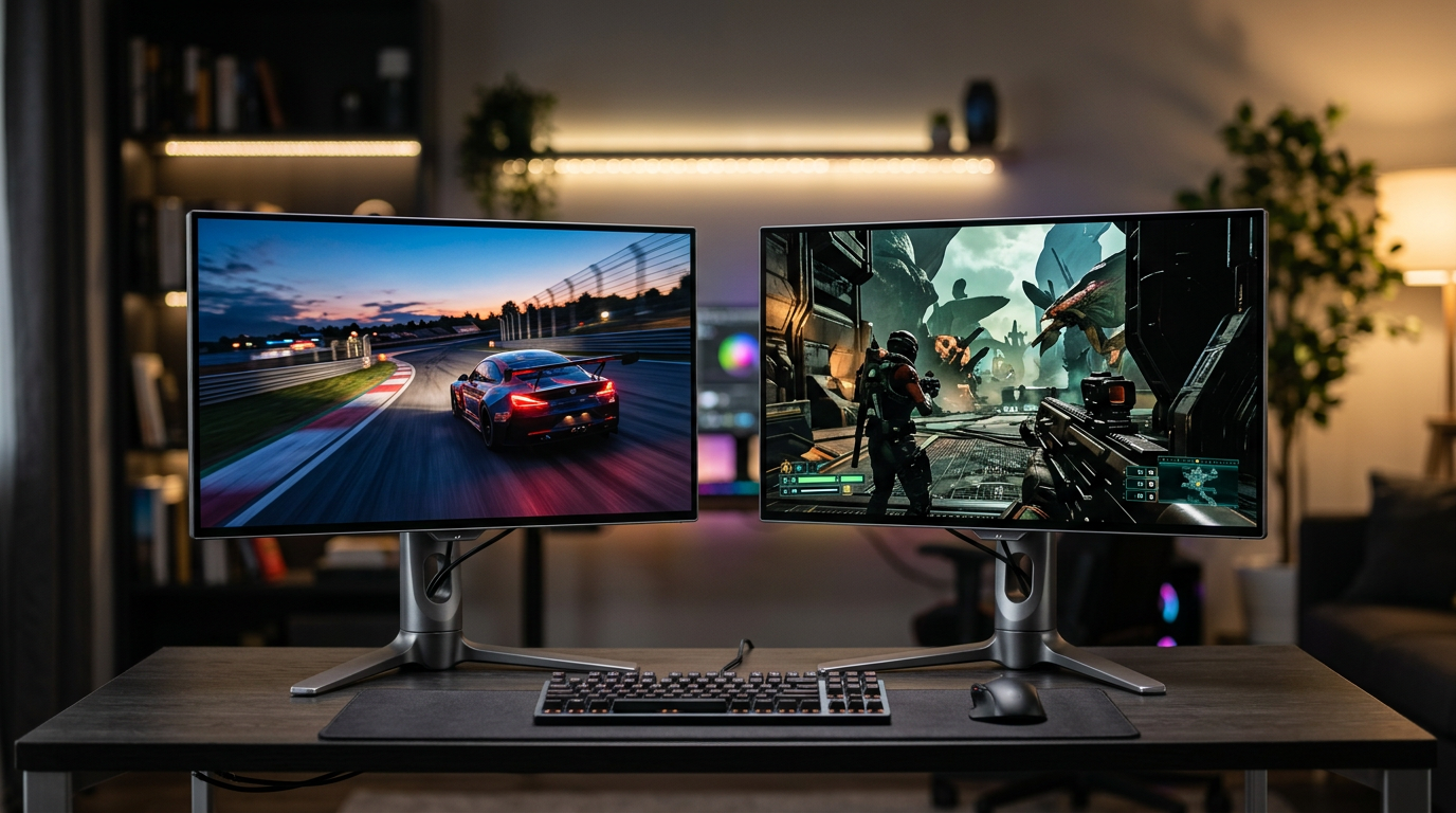 A wide editorial final shot of two stacked OLED gaming monitors glowing in a dark room, motion blur effect, abstract cinematic style, no text or logos