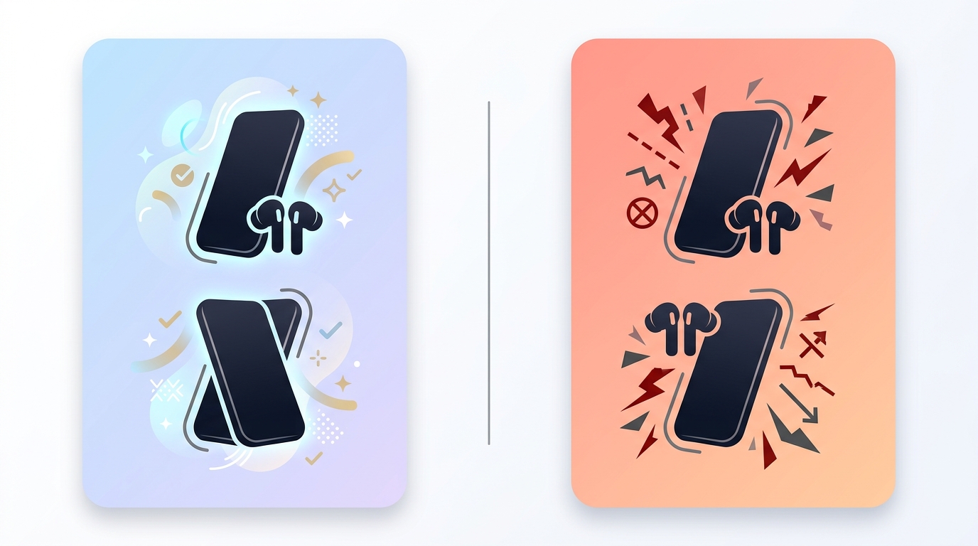 A clean two-column pros and cons layout with green checkmarks and red X marks on a neutral background, abstract comparison graphic without any text or brand logos