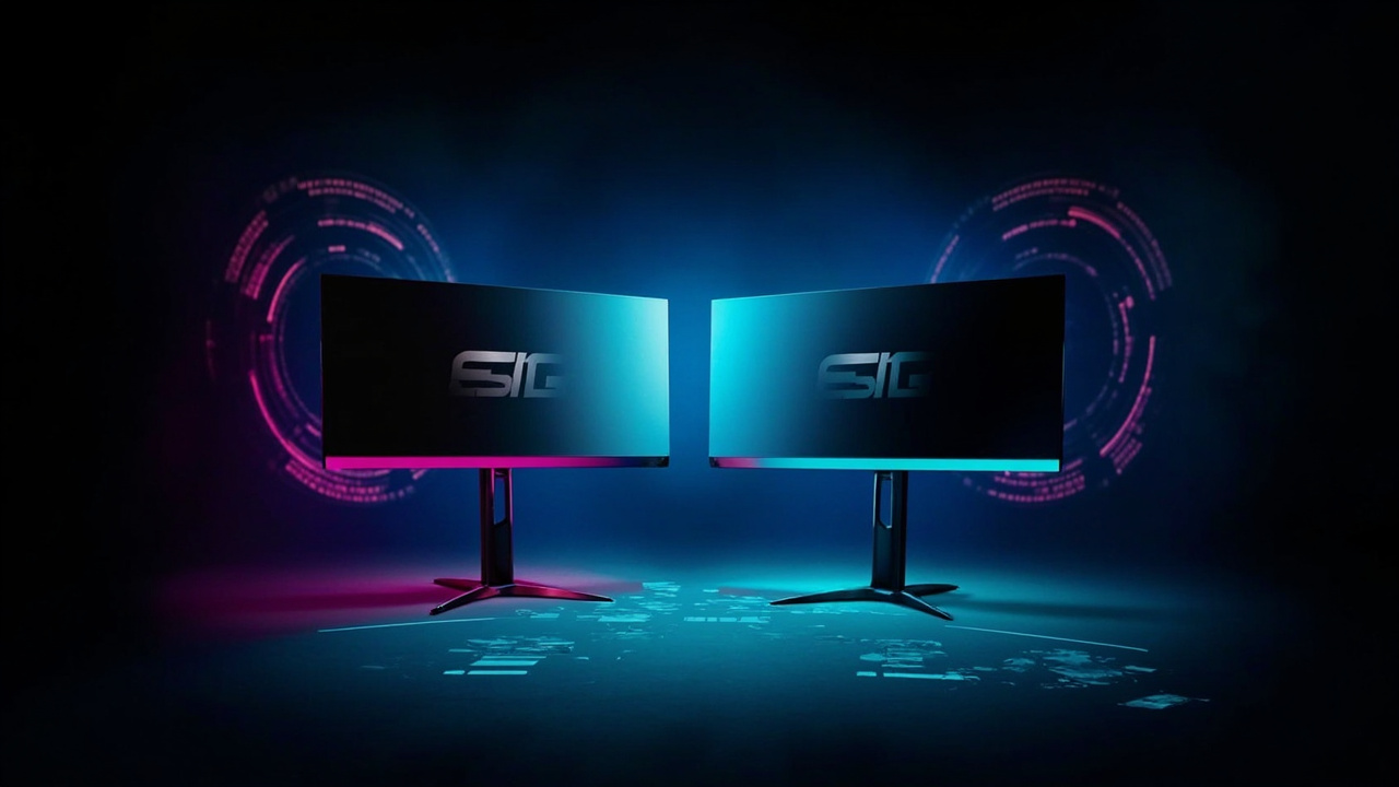 A bold verdict card showing two stacked 27-inch OLED gaming monitors with a price-versus-performance score overlay in a clean modern editorial style