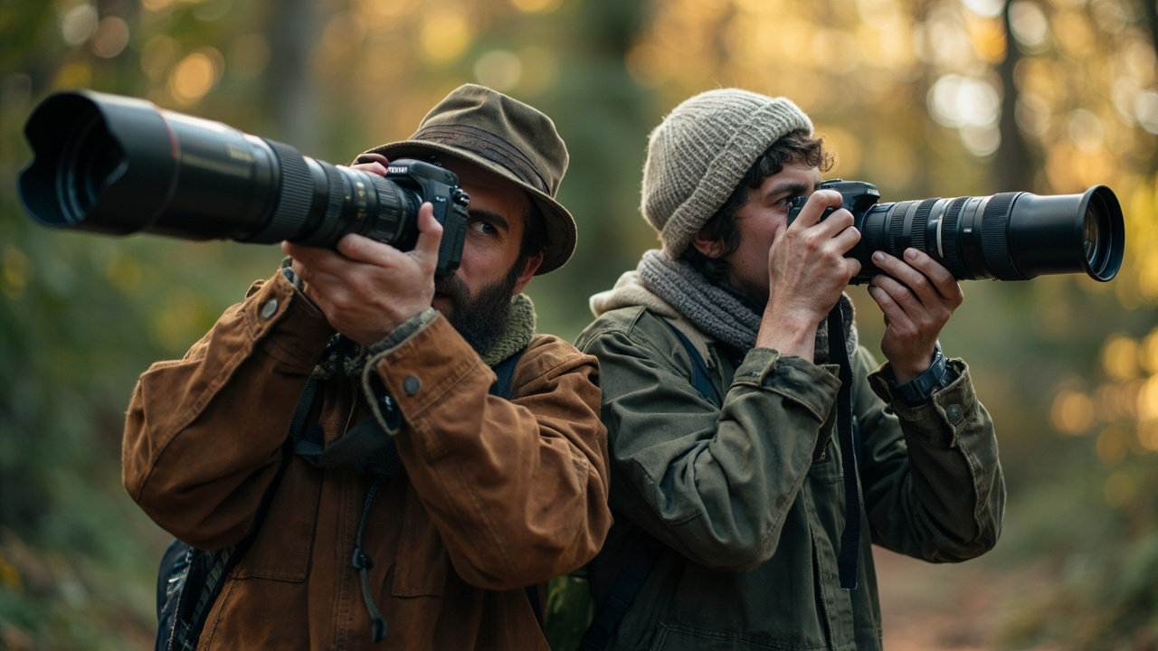 Visual showing three different photographer personas: a traveler, a birder, and a vlogger, each holding different camera types