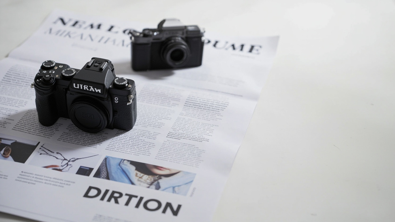 Final comparison layout with both cameras on a clean white surface, a copy of the article, and a price tag overlay