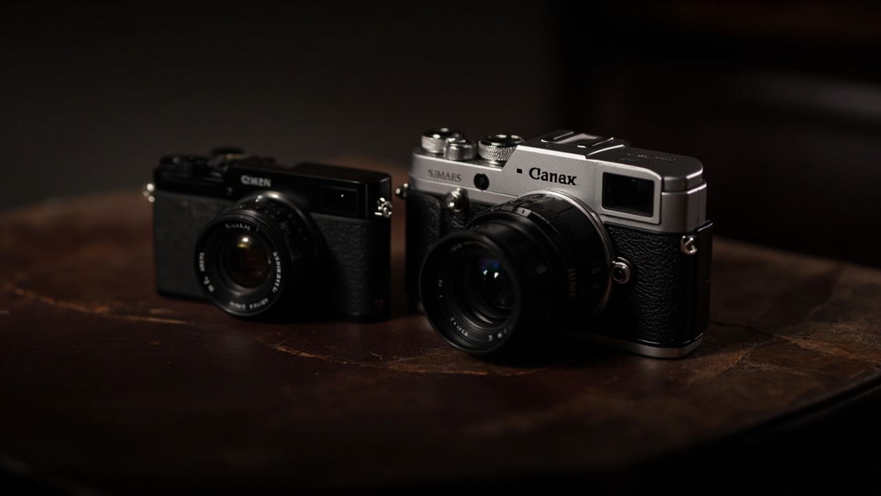 Two premium compact cameras side by side on a wooden table