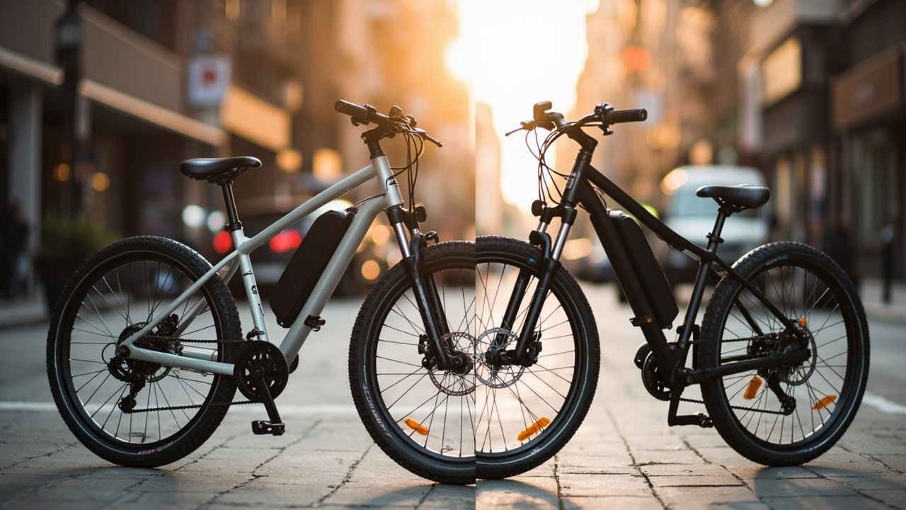 Specialized Turbo Vado 5.0 IGH and Trek Allant+ 9.9S parked side by side on a city street