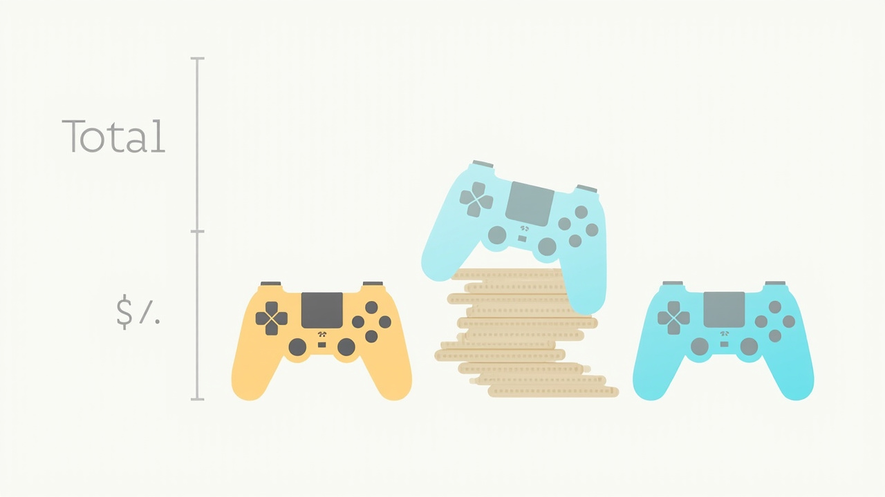 Stacked coins and three game controllers representing total cost of ownership