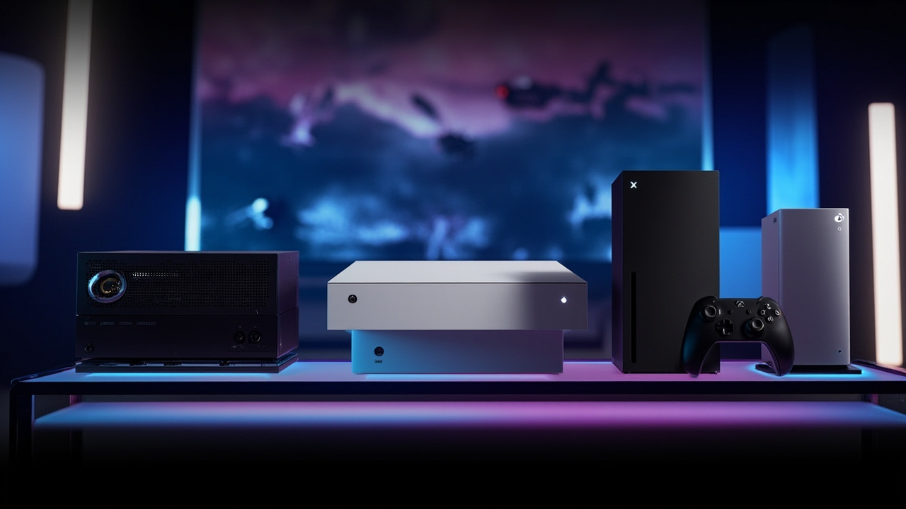 Three flagship consoles side by side on a TV stand