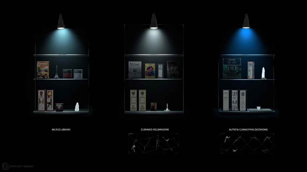 Three game library shelves showing different curation philosophies