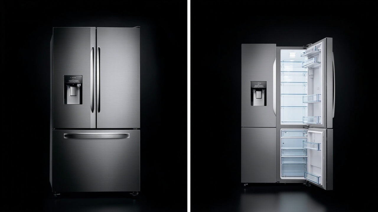Two side-by-side refrigerator interior shots, one showing Sub-Zero stainless interior with magnetic gasket detail, one showing Thermador Freedom column with LED theater lighting