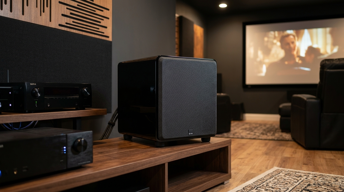 Two sealed subwoofers placed on a polished concrete floor in a dim home-theater room: a compact black SVS SB-3000 with matte grille on the left, and a much larger REL HT/1510 with black ash finish and exposed CarbonGlas driver on the right, soft directional warm lighting from above, modern minimalist theater, no text, no logos, no brand names visible