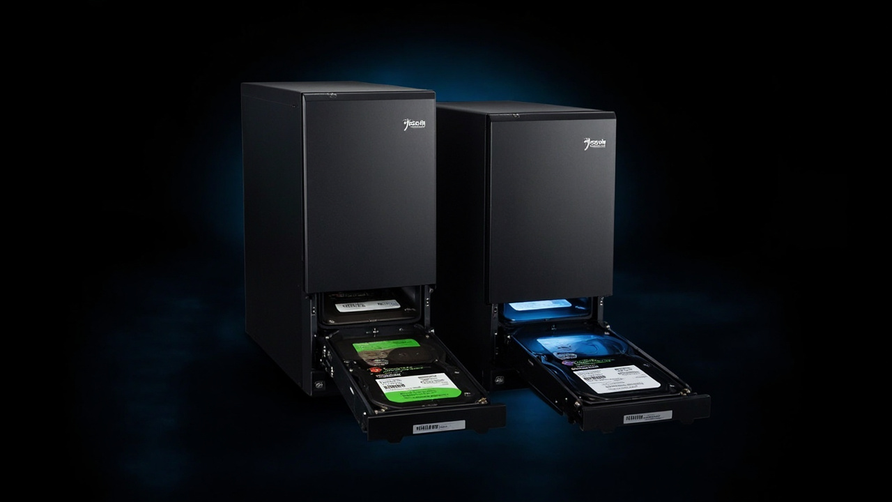 Side-by-side feature comparison chart with key specs and ports highlighted for both NAS units