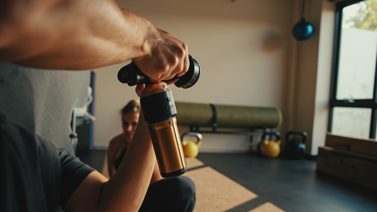 Two premium massage guns placed side by side on a gym bench, one silver and one dark grey