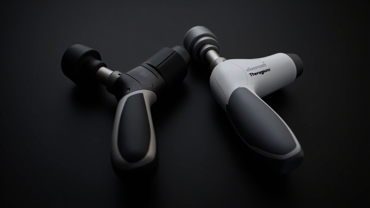 Build comparison: two massage guns shown from below showing handle design and attachment attachment mechanism