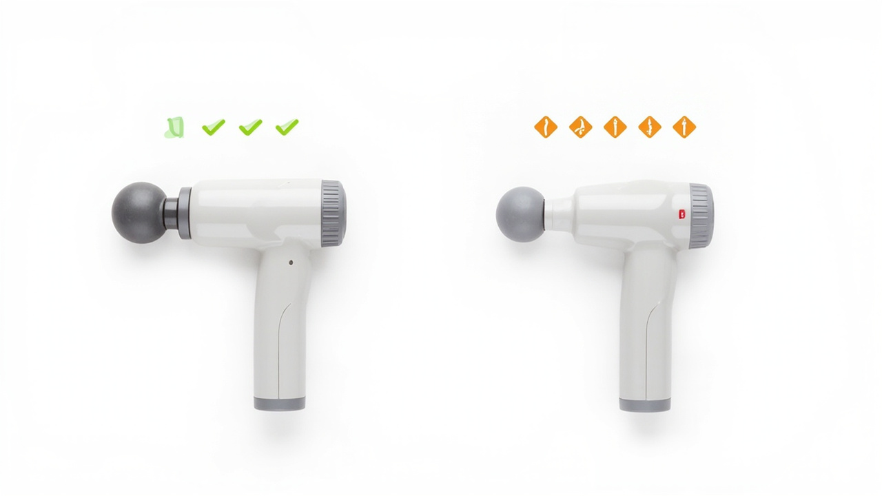 Pros and cons side-by-side: two massage guns shown on a white background with key features visually labeled