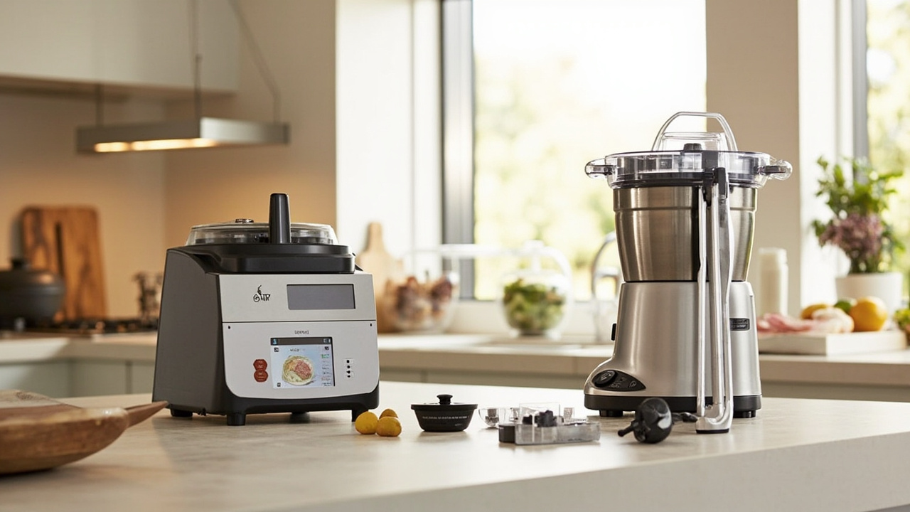 Thermomix TM7 vs Magimix Cook Expert side by side on a kitchen counter
