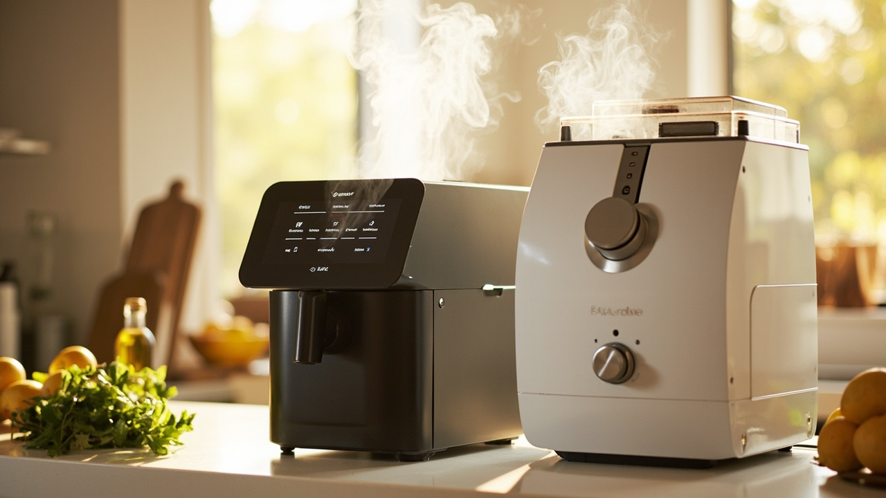Final side-by-side view of Thermomix TM7 matte black and TM6 classic white on a kitchen counter with fresh ingredients