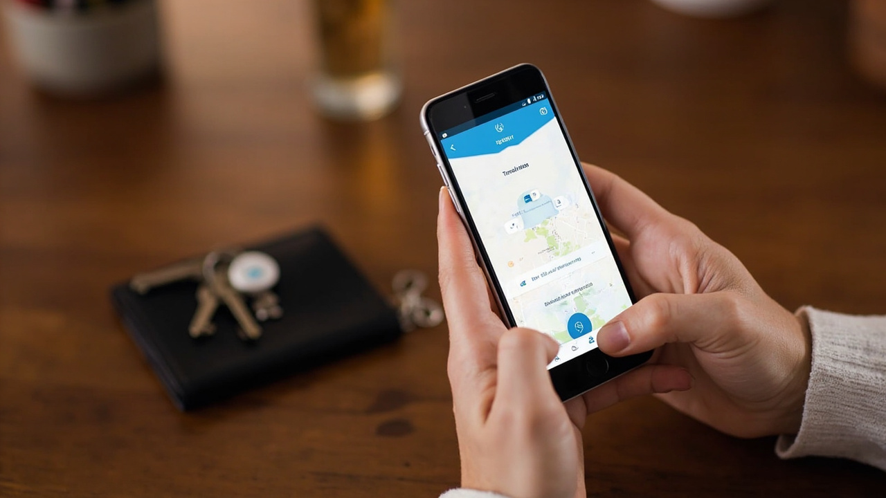 Smartphone displaying a lost item tracking app with keys and wallet nearby showing real-world finding scenario