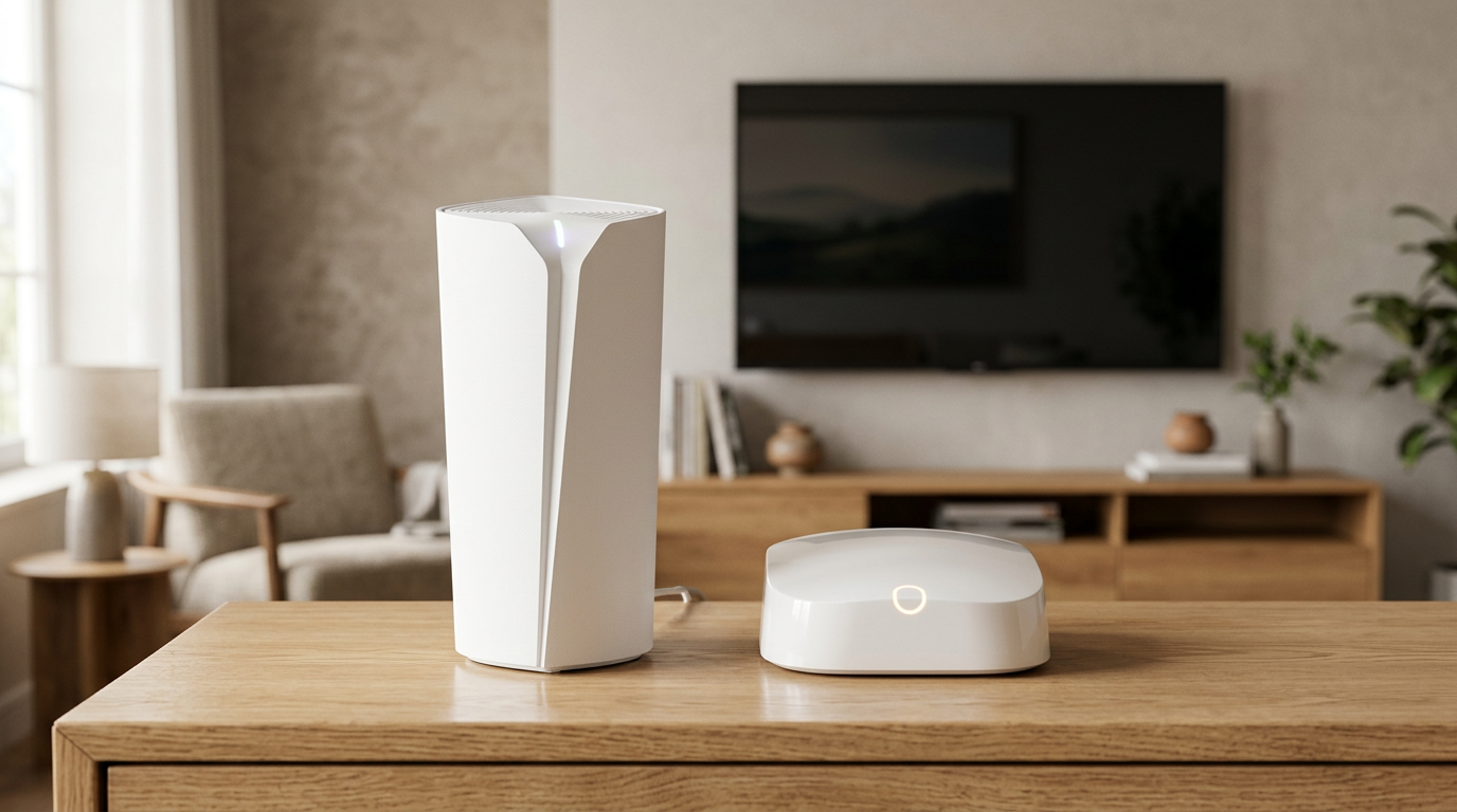 TP-Link Deco BE85 and eero Pro 7 mesh nodes side by side on a wooden media console