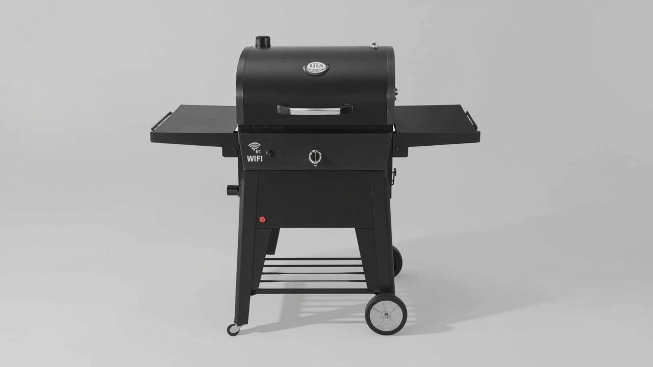 Traeger Ironwood XL on the left in a backyard with a smartphone showing the WiFire app, Yoder YS640s on the right on a covered patio with smoke curling out of the chimney
