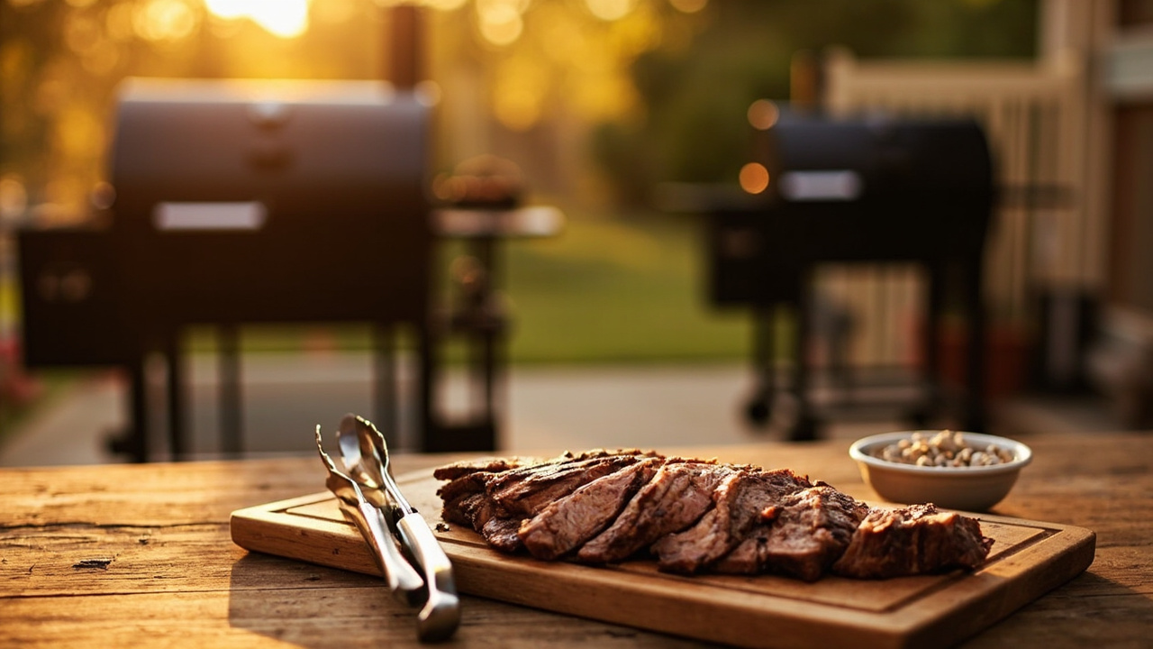 Traeger Timberline XL and Weber SmokeFire EX6 side by side on a backyard patio, both lit up for an evening cook