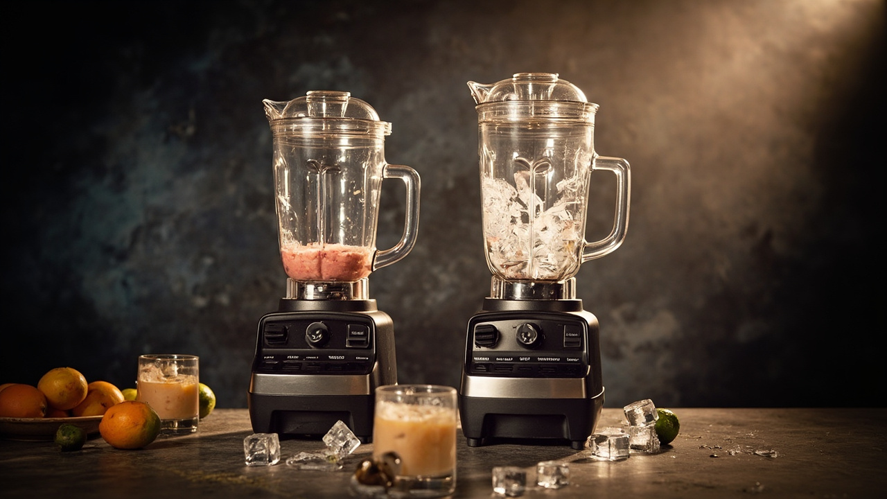 Side-by-side comparison shot: a Vitamix-made green smoothie on the left and a Blendtec-made green smoothie on the right, both in clear glasses showing identical texture and color on a marble countertop