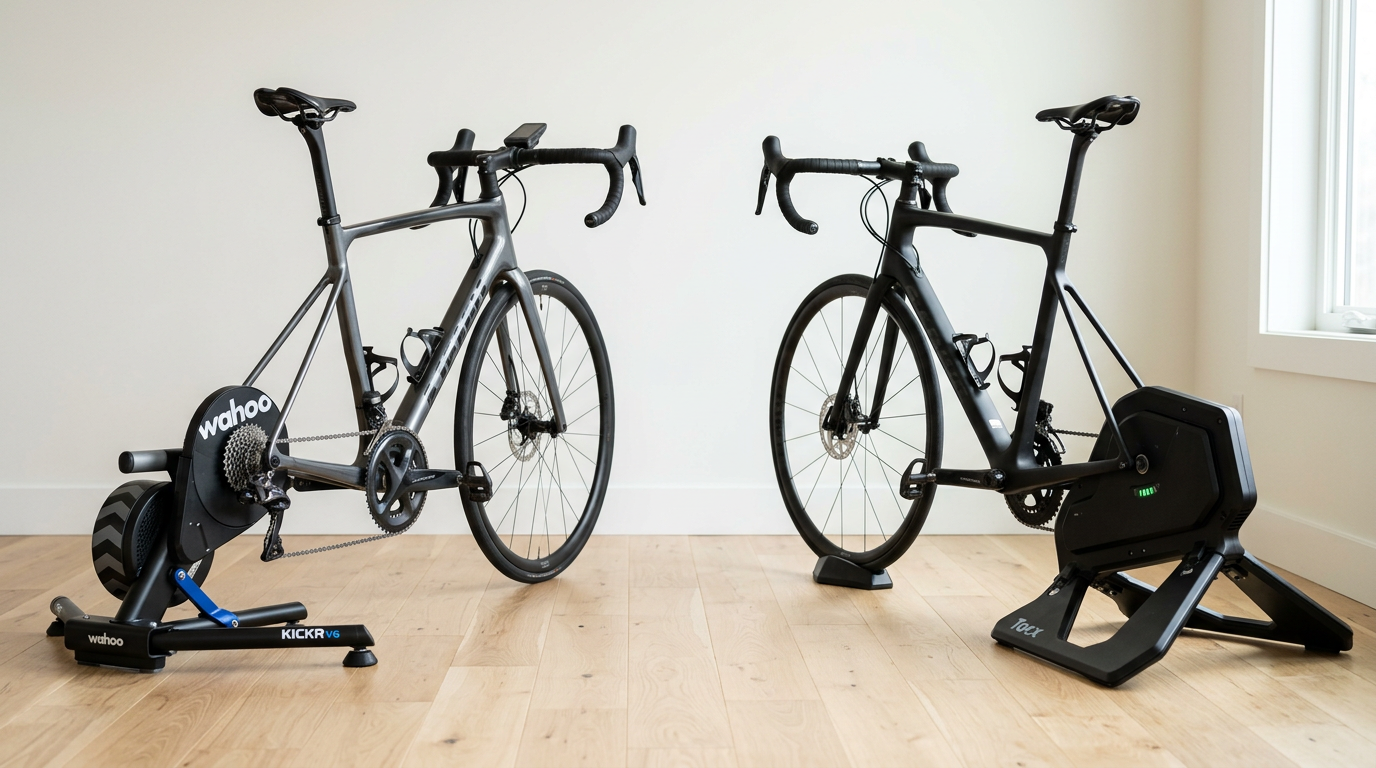 Two flagship smart trainers side by side on a hardwood floor, the silver Wahoo Kickr V6 on the left and the black Tacx NEO2T on the right, both loaded with road bikes in a basement pain cave setup