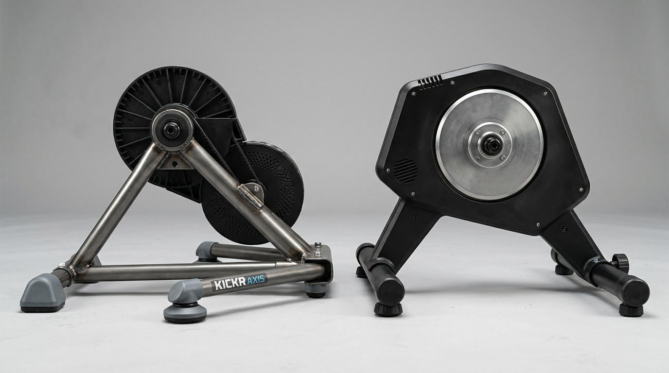 Build comparison photo showing the underside and frame construction of both trainers side by side, highlighting flywheel design and feet/mounting points