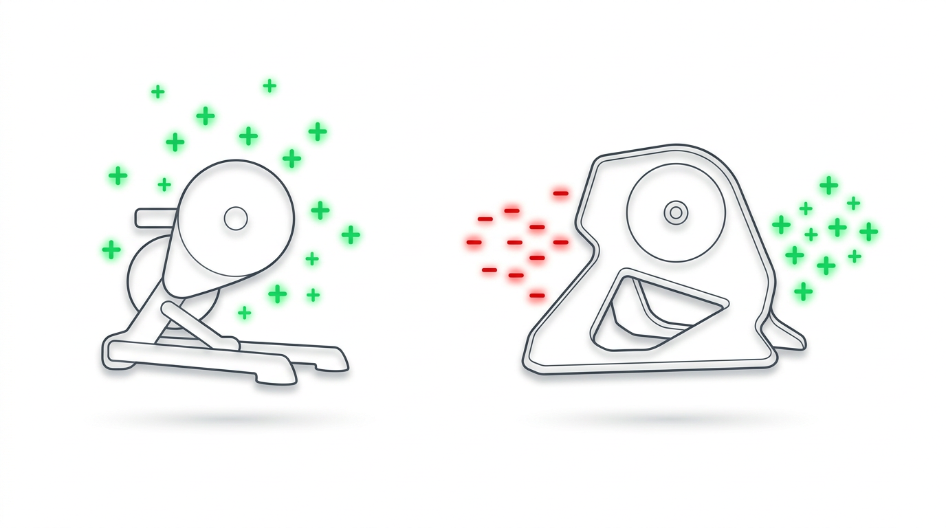 Pros and cons comparison visualization: two trainers on a clean white background with labeled callouts for each advantage and disadvantage