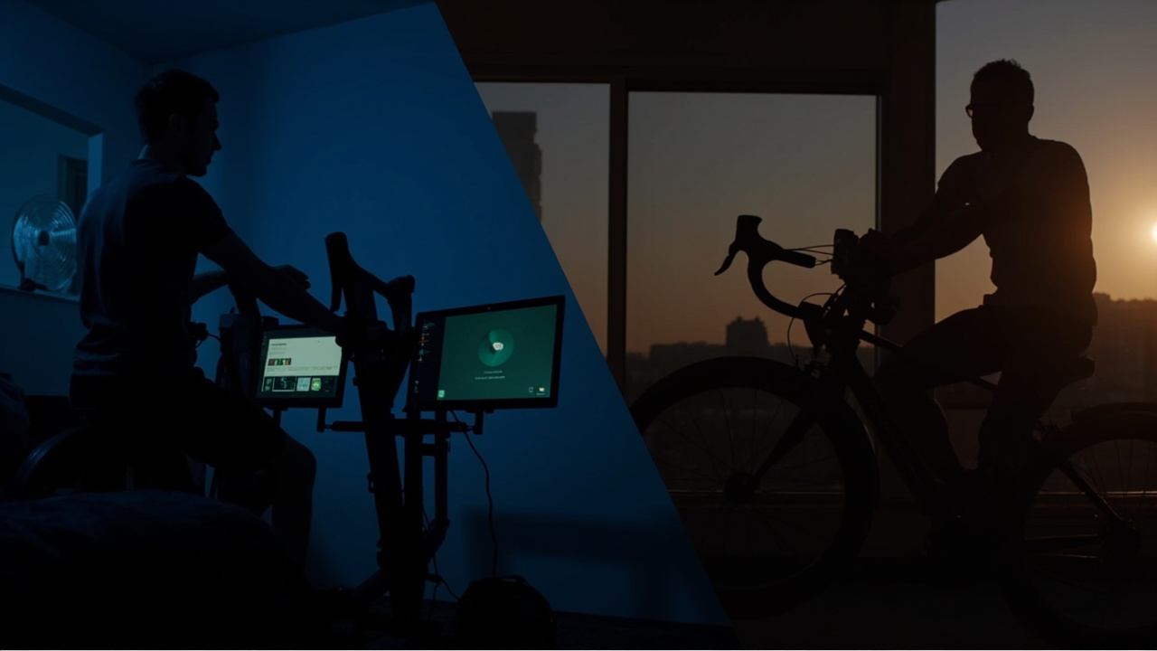 User scenario visualization: a Zwift racer on the Wahoo Kickr V6 with multiple monitors and a smart fan versus a long-distance climber on the Tacx NEO2T with a Garmin Edge head unit mounted on the handlebars