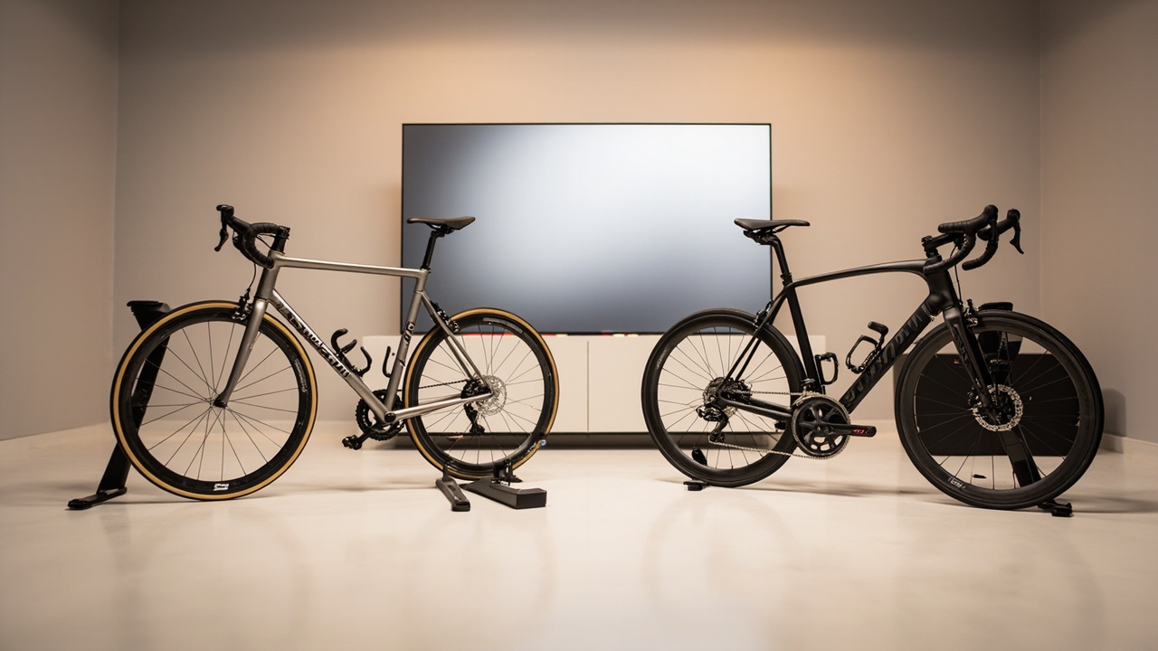 Both trainers in a clean pain cave setup with road bikes mounted, side-by-side showing the typical end-user experience and footprint of each trainer in a home environment