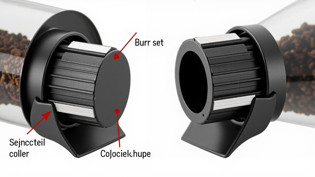 Side-by-side visual comparison of EG-1's 80mm flat burr (left) and Niche Duo's swappable 83mm conical burr (right) mounted in their respective grind chambers