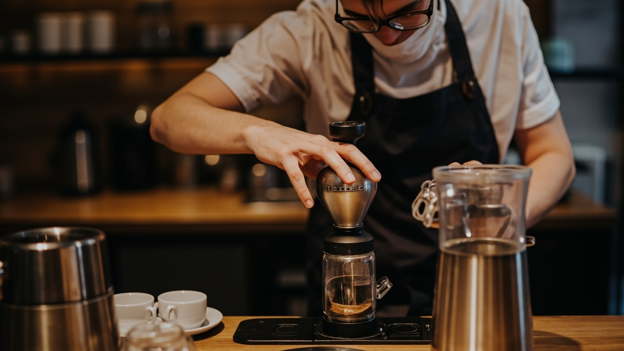 Two premium single-dose grinders — EG-1 Mk.3 (left) and Niche Duo (right) — on a wooden counter with coffee beans scattered between them