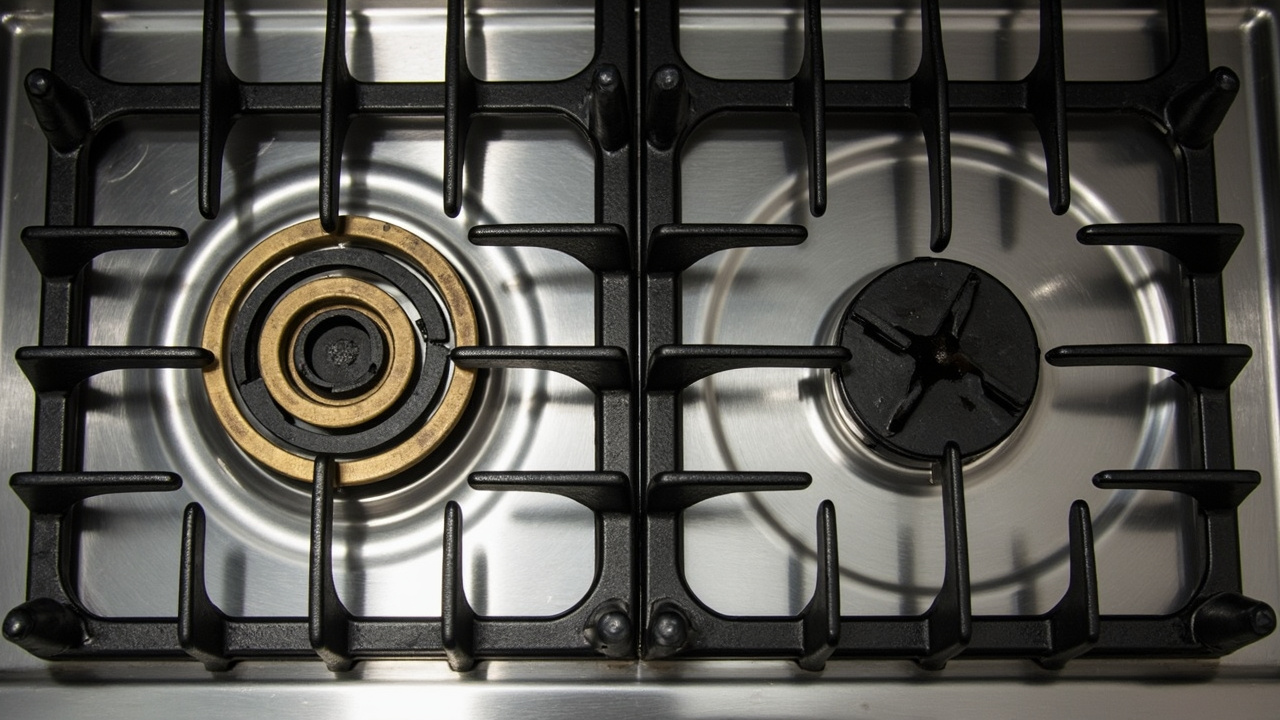 Side view of Wolf infrared griddle and Thermador electric grill cooking surface, close-up of burner design differences